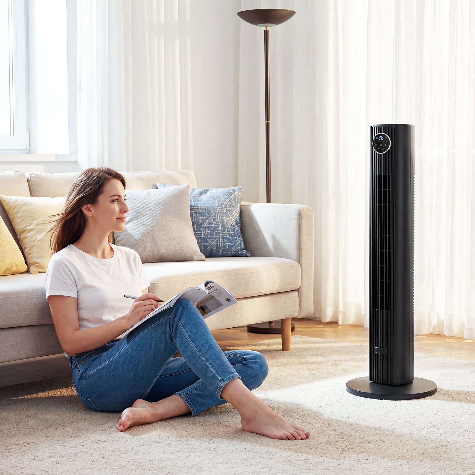 HOMCOM 28dB Tower Fan for Bedroom, 36 inch, 8 m/s Velocity Standing Cooling Fan with 80Â° Oscillating, BLDC Motor, 12 Speeds, LED Display, 4 Modes, 12H Timer, Remote Control, Black