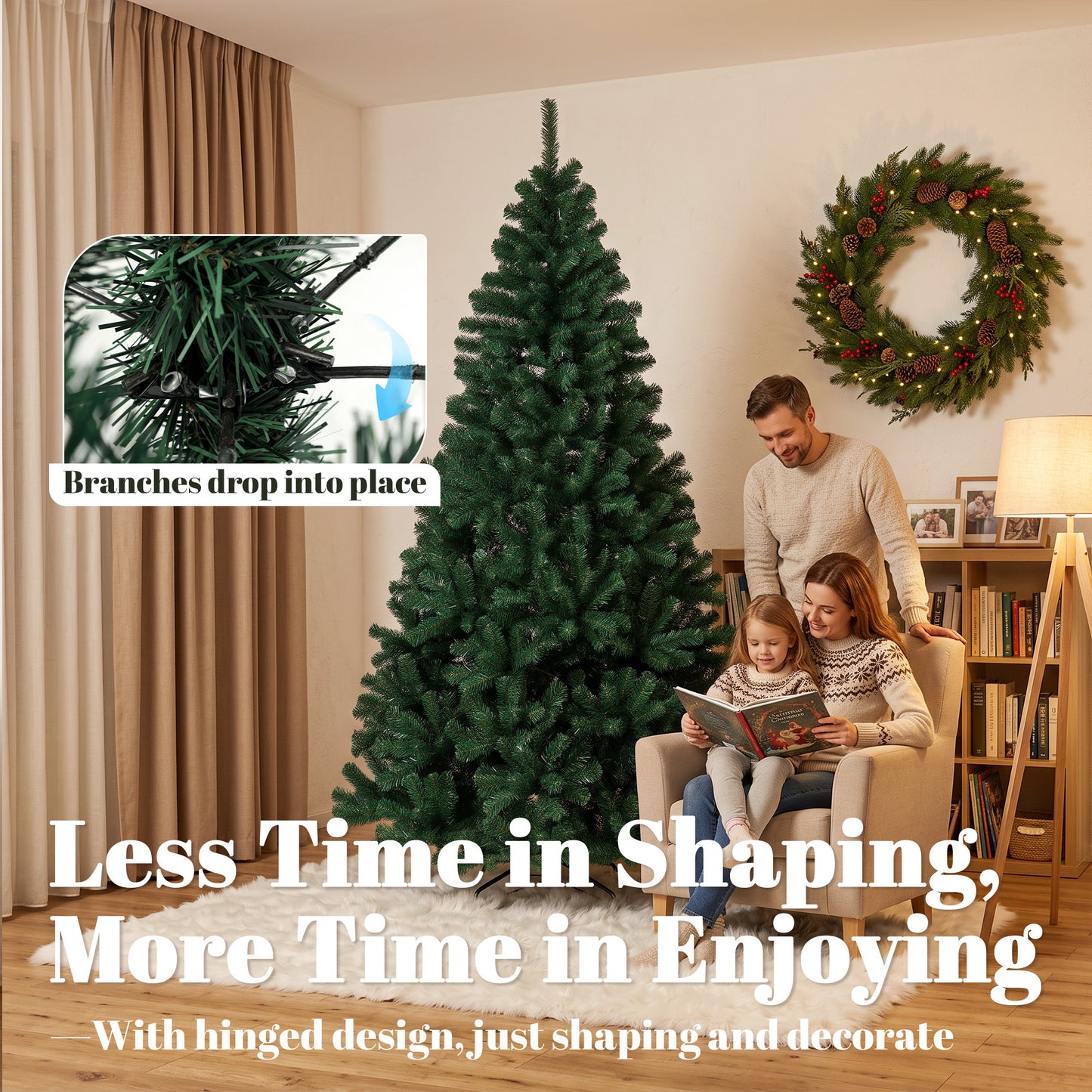 HOMCOM 7ft Artificial Christmas Tree, Fir Hinged Xmas Tree with 1100 Branch Tips, Foldable Steel Stand, Green