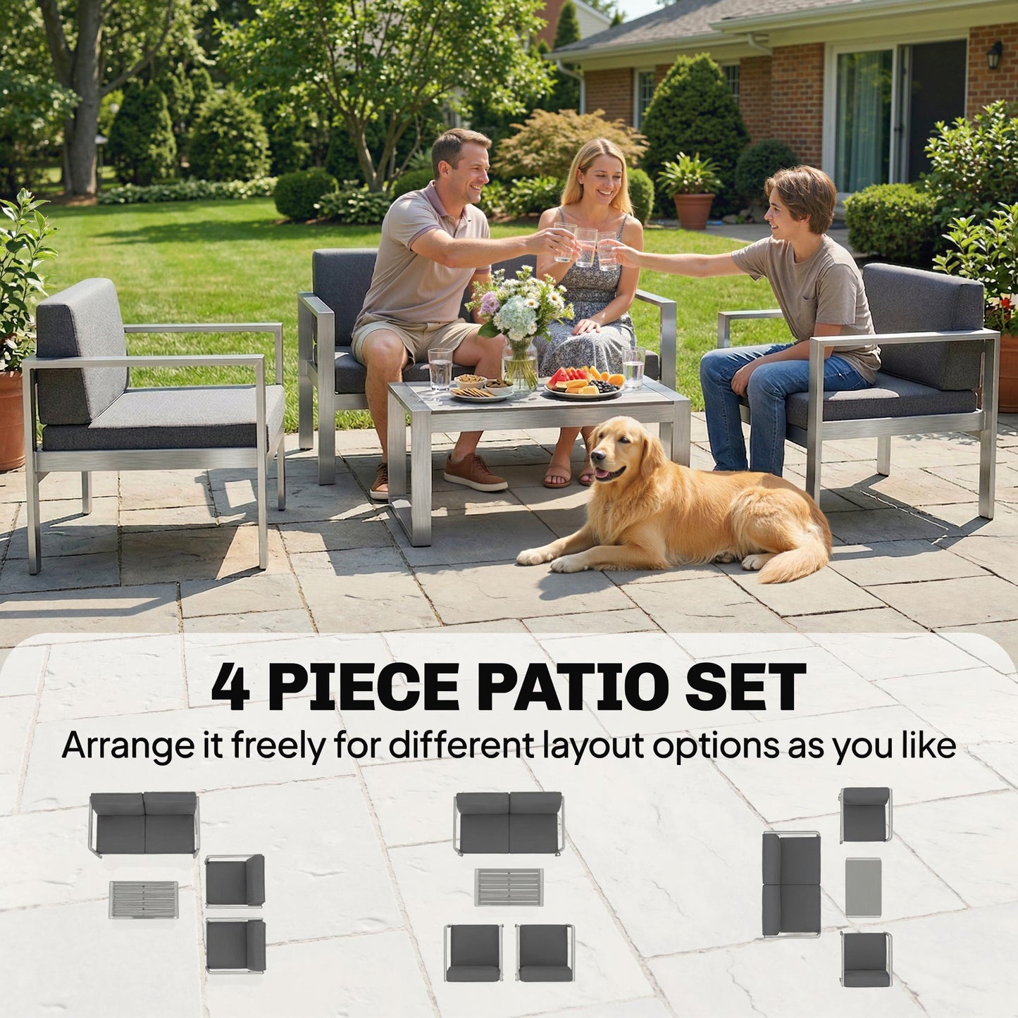 Outsunny 4 Seater Garden Furniture Set, Extra Wide Deep Garden Sofa Set with Olefin Cushions, Brushed Aluminium Frame, Dark Grey