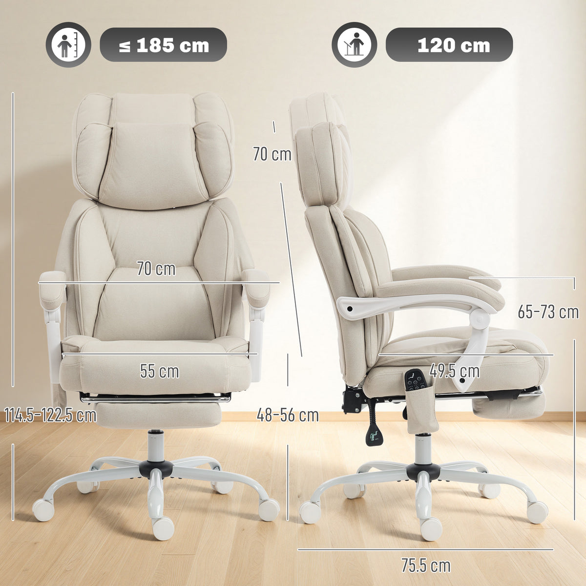 HOMCOM Office Chair with Massage, Heat, Adjustable Headrest, Leathaireâ€Œ Reclining Desk Chair with Footrest, Cream White