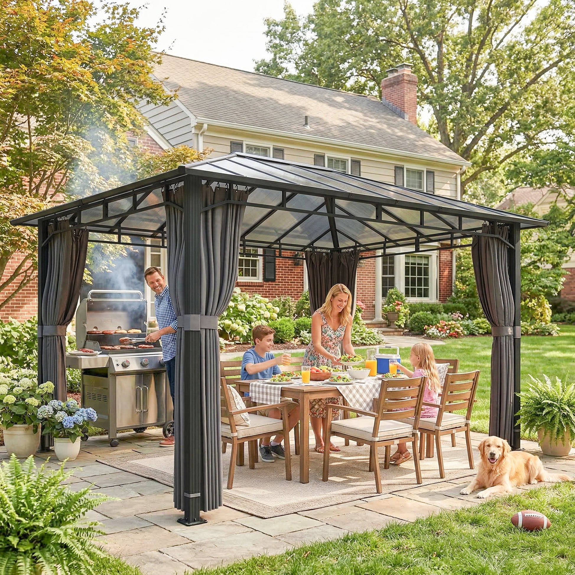 Outsunny 3 x 4 m Outdoor Hardtop Gazebo Canopy with PC Roof, Aluminium Permanent Pavilion Garden Gazebo with Curtains, Dark Grey