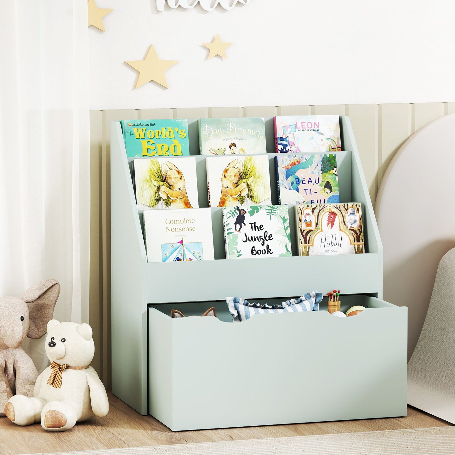 AIYAPLAY Bookcase for Kids with Shelves, Drawer, Bookcase for Bedroom, Playroom, Green