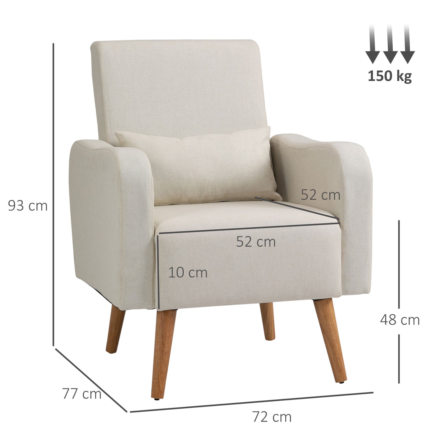 HOMCOM Accent Chair, Linen-Touch Armchair with Pillow, Upholstered Leisure Lounge Sofa for Living Room, Club Chair with Rubber Wooden Frame, Cream