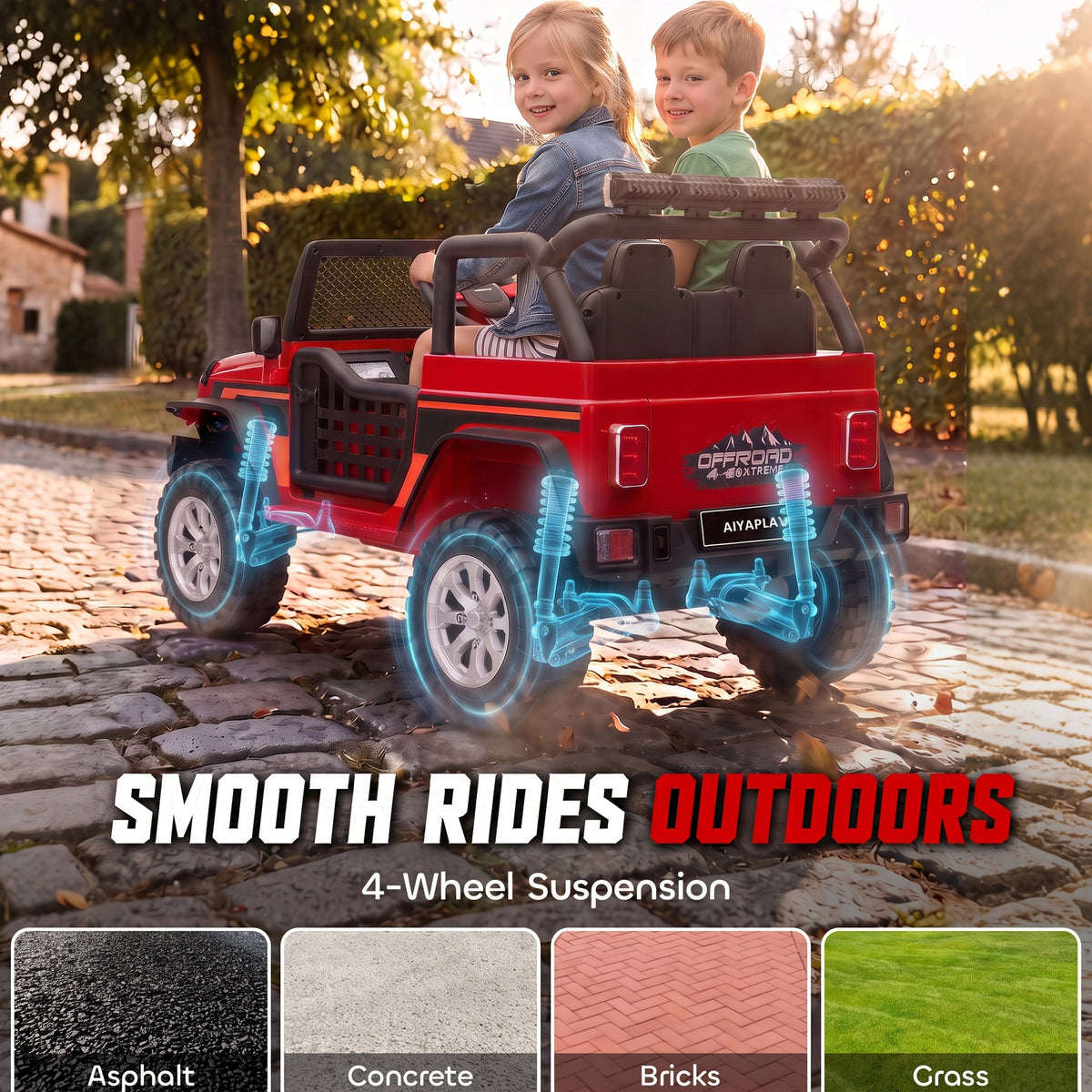 AIYAPLAY 12V Kids Electric Ride on Car with 2 Motors, Remote Control, Soft Start, Four-Wheel Suspension, Seat Belt