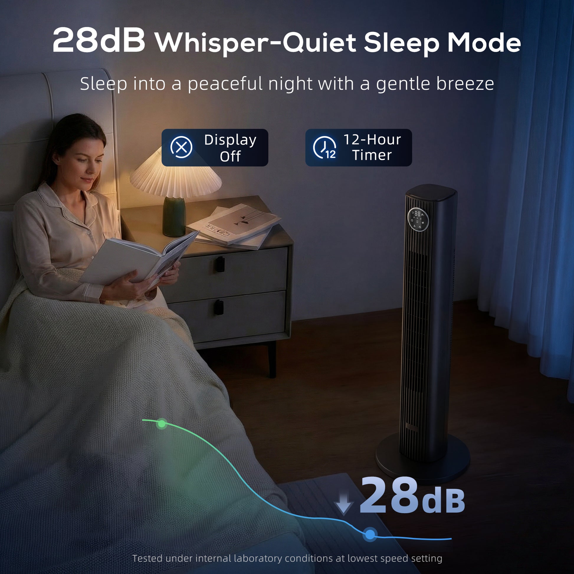 HOMCOM 28dB Tower Fan for Bedroom, 36 inch, 8 m/s Velocity Standing Cooling Fan with 80Â° Oscillating, BLDC Motor, 12 Speeds, LED Display, 4 Modes, 12H Timer, Remote Control, Black