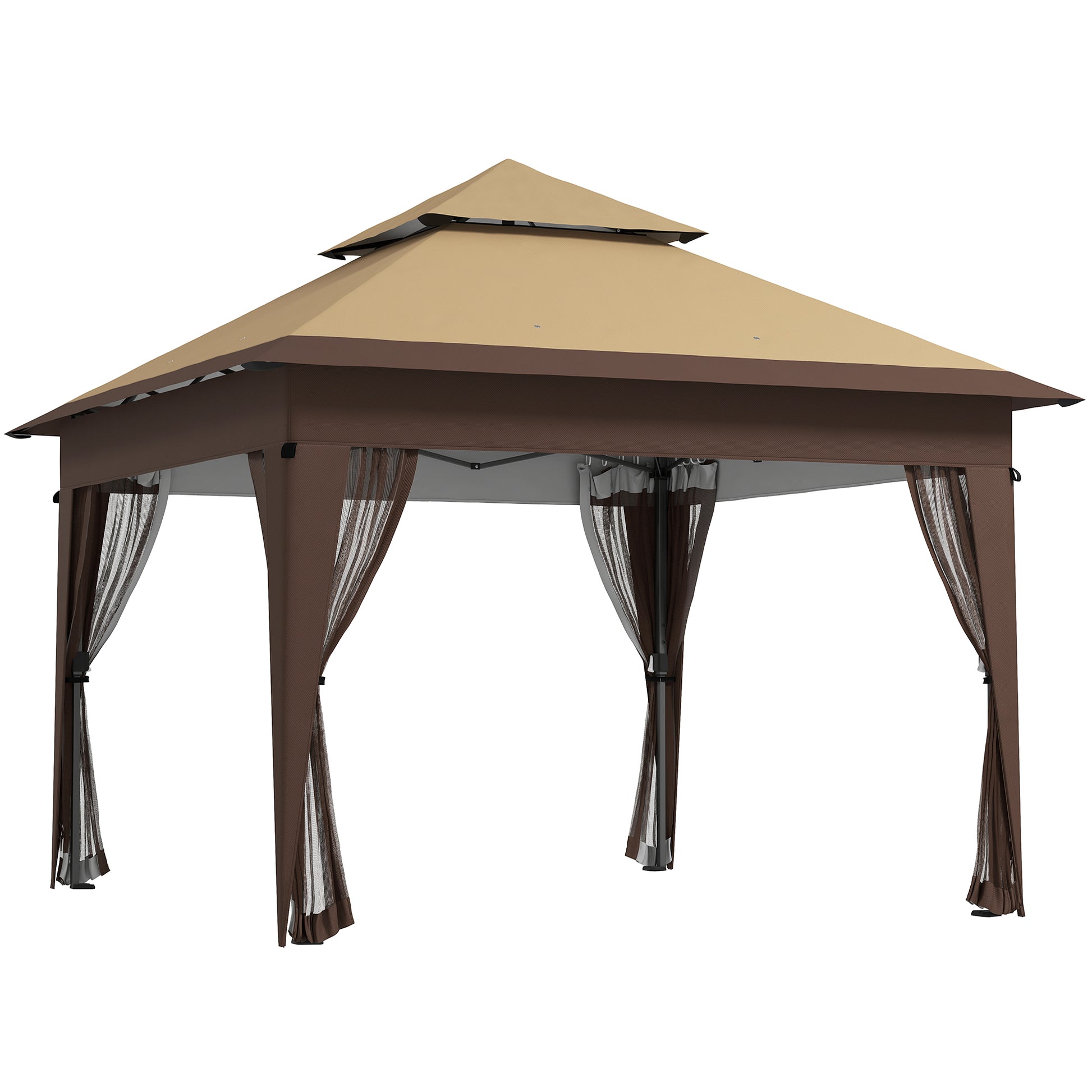 Outsunny 3 x 3(m) Pop Up Gazebo with Mosquito Netting, 1 Person Easy up Marquee Party Tent with 1-Button Push, Double Roof, Carry Bag, Sandbags, Height Adjustable Instant Shelter, Khaki