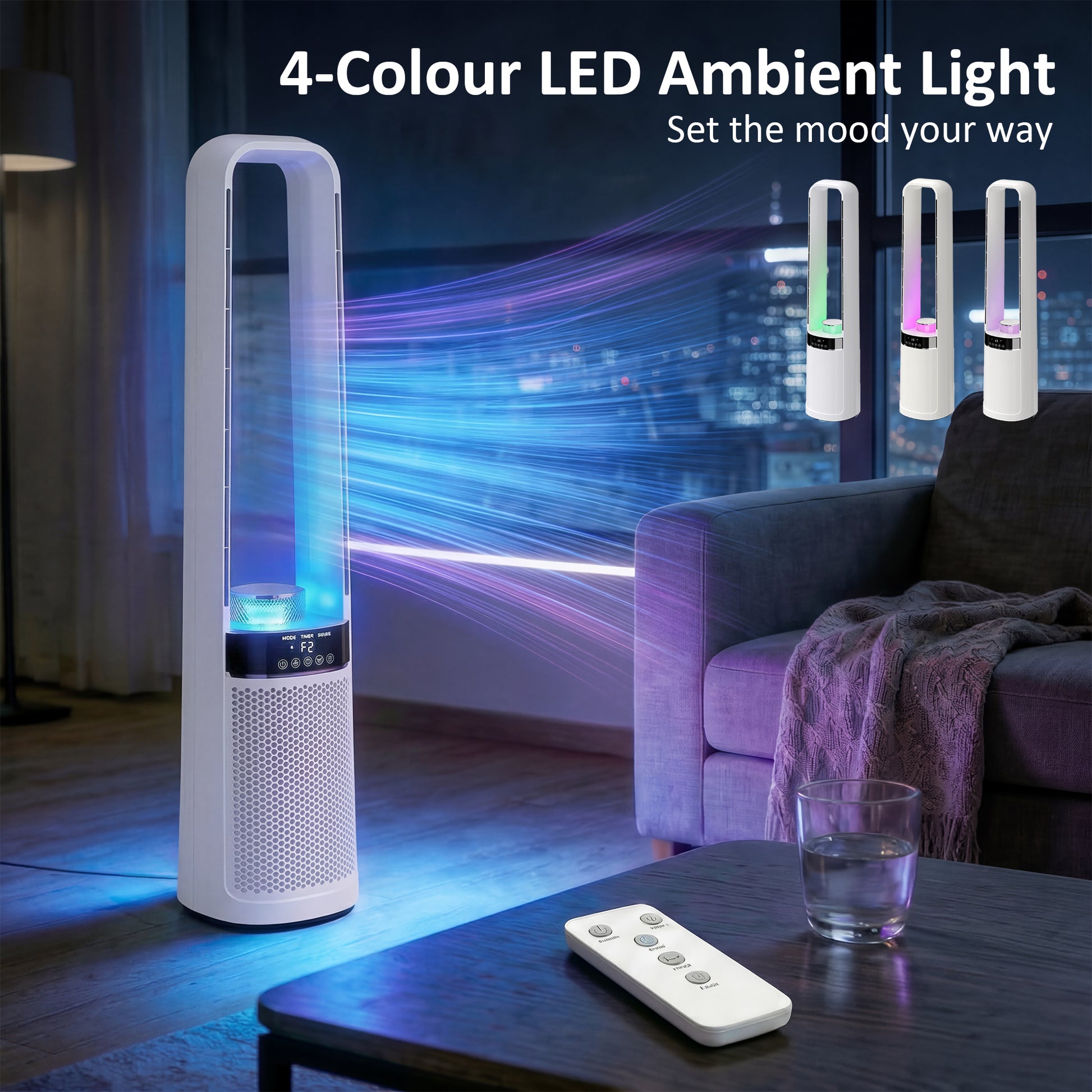 HOMCOM Bladeless Tower Fan, 36dB Standing Cooling Fan with Oscillating, LED Lights, 3 Speeds, 12H Timer, Remote Control