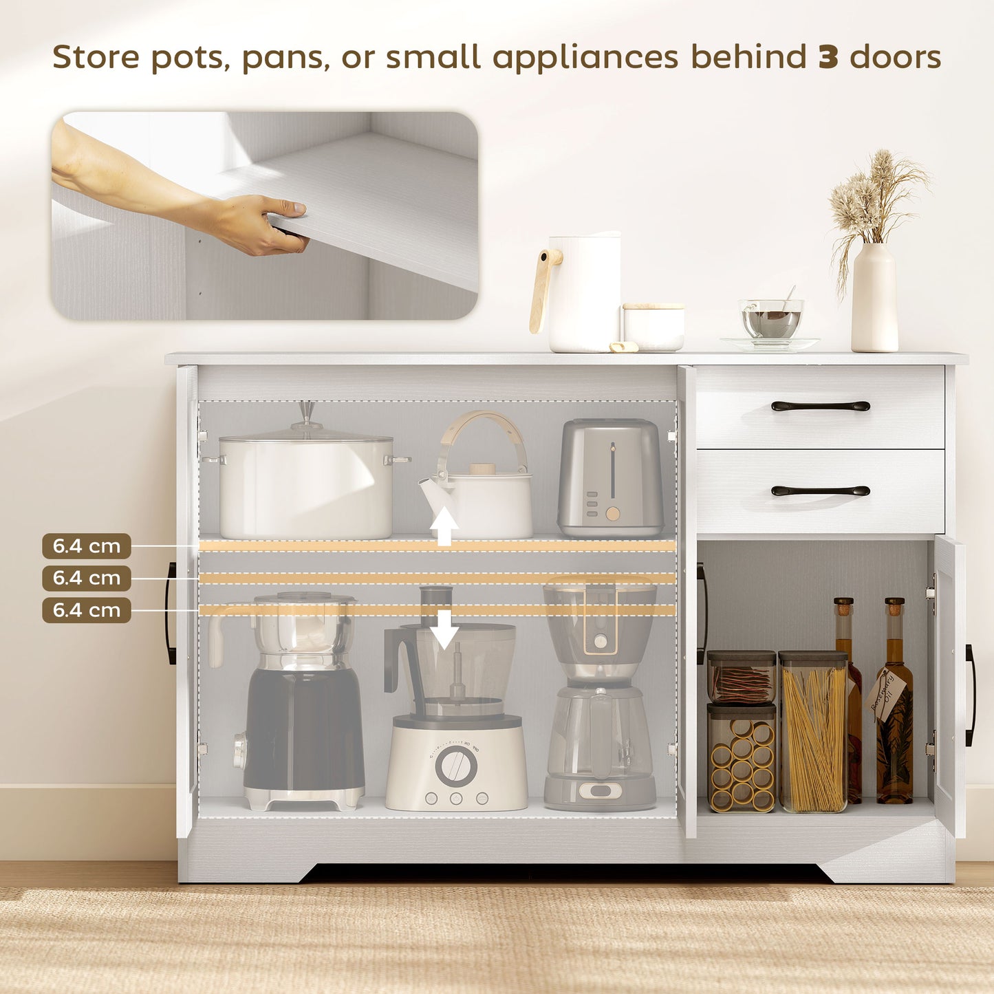 HOMCOM Sideboard with 2 Drawers Modern Storage Cabinet, Kitchen Cupboard with Adjustable Shelf and 3 Doors White