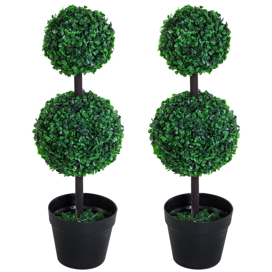 Outsunny Set of 2 Artificial Boxwood Ball Topiary Trees Potted Decorative Plant Indoor DÃ©cor (67cm)