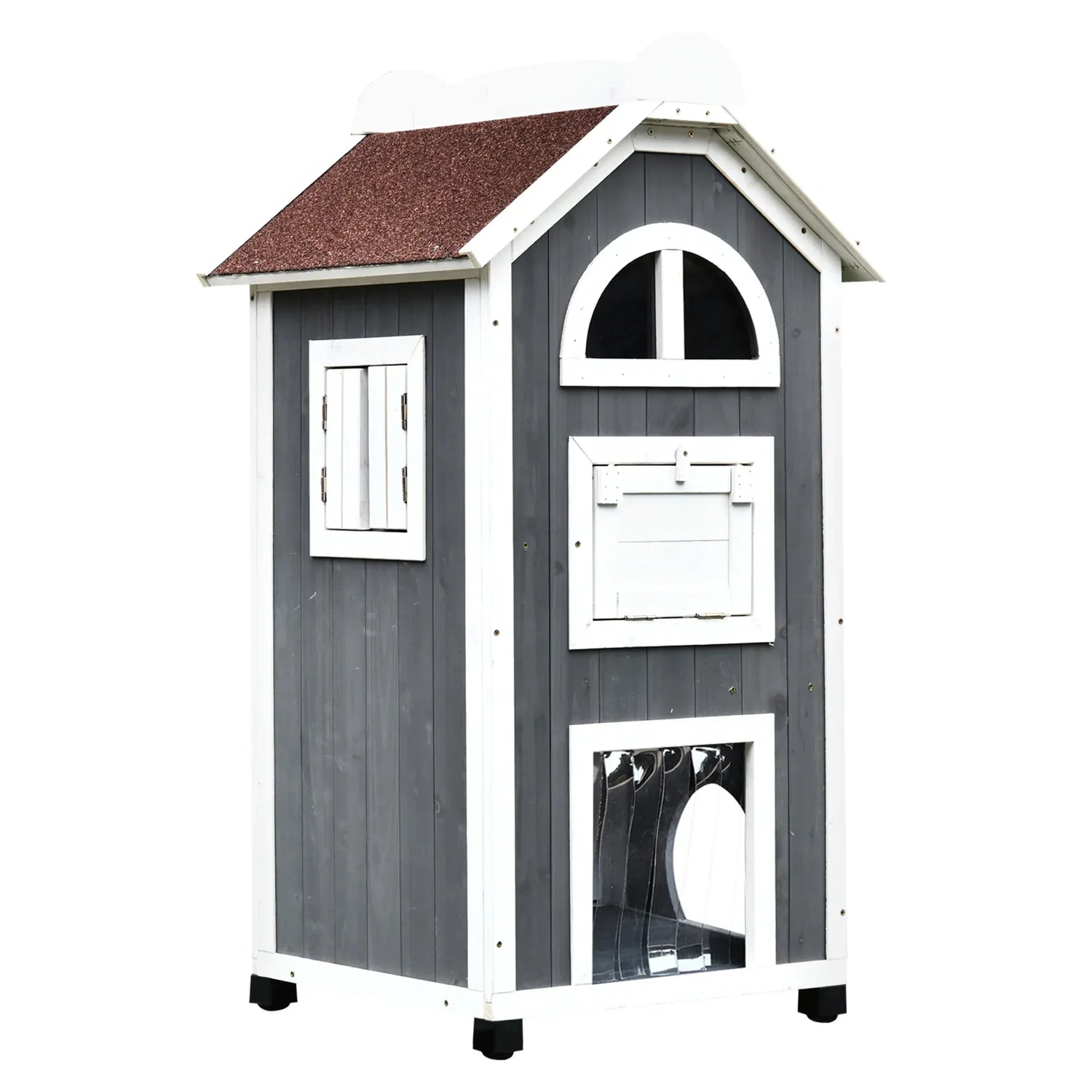 PawHut Wooden Cat House, Weatherproof Pet Shelter, Outdoor Cat Condos Cave, 2 Floor Furniture, Grey and White - LiamsBargains.co.uk