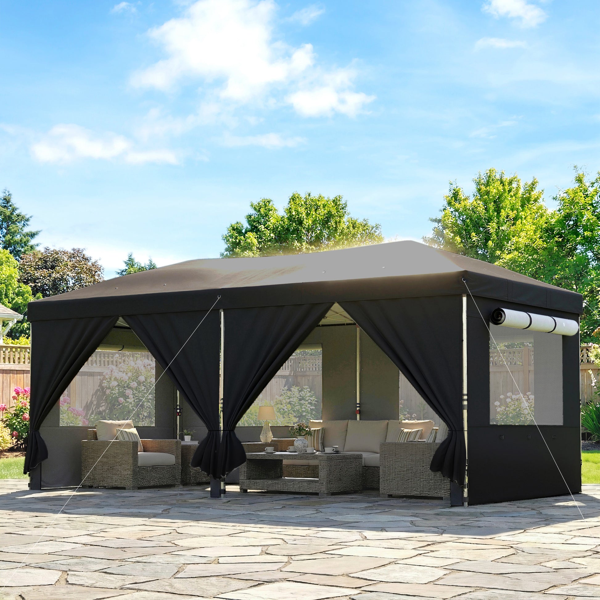 Outsunny 3 x 6 m Pop Up Canopy with UV50+ Protection Garden Gazebo with 6 Sidewalls, Black