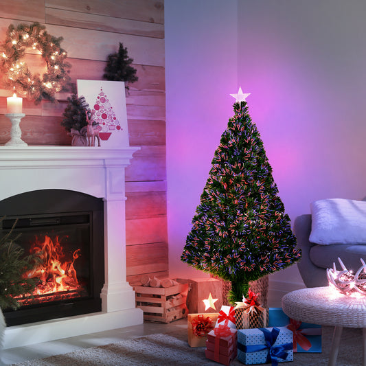 HOMCOM 4FT Pre-Lit Fibre Optic Artificial Christmas Tree Holiday Xmas DÃ©cor with Tree Topper Multi-Colour