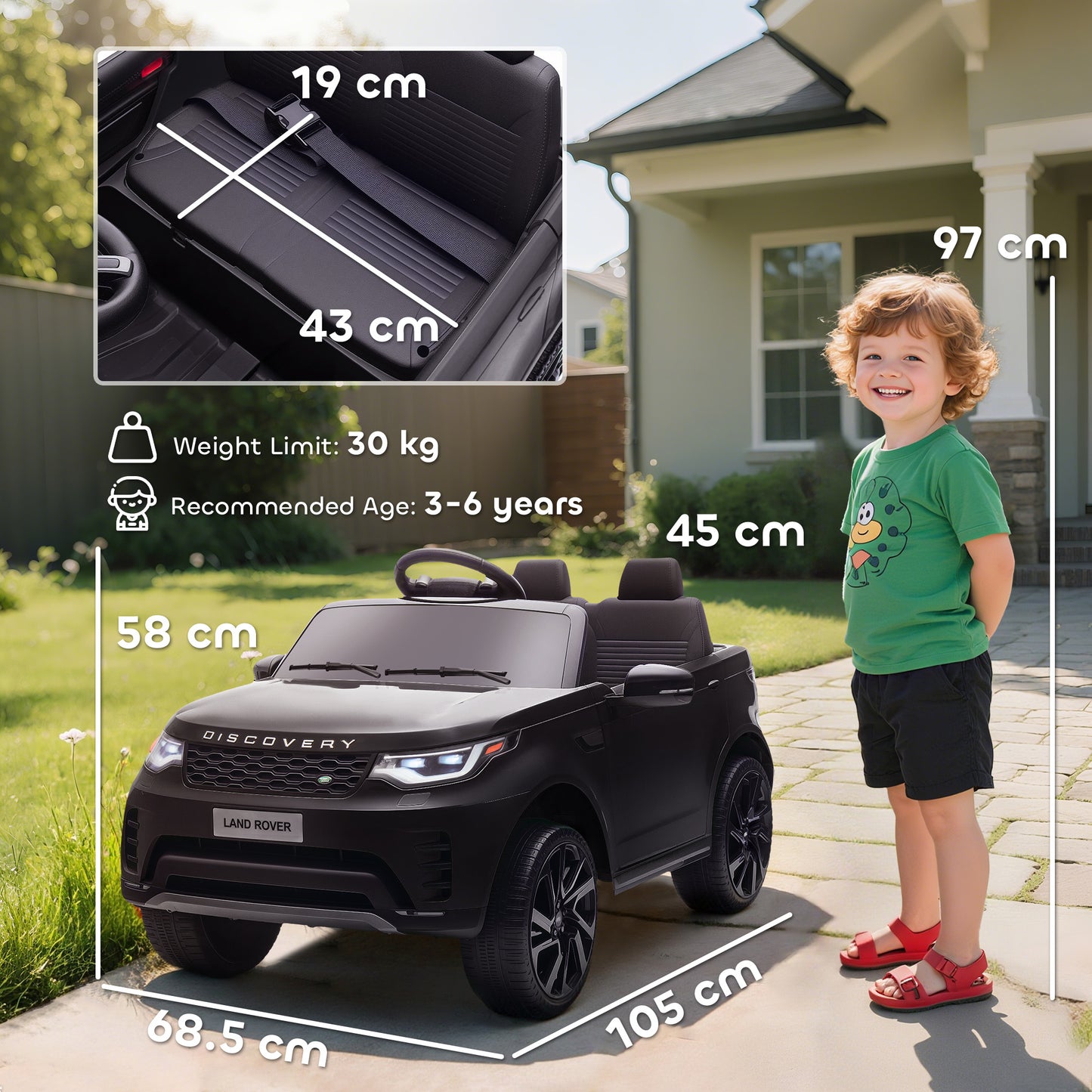 AIYAPLAY Land Rover Discovery Licensed 12V Kids Electric Car with Remote, 4 Wheel Suspension, Slow Start, Lights, Music, Black