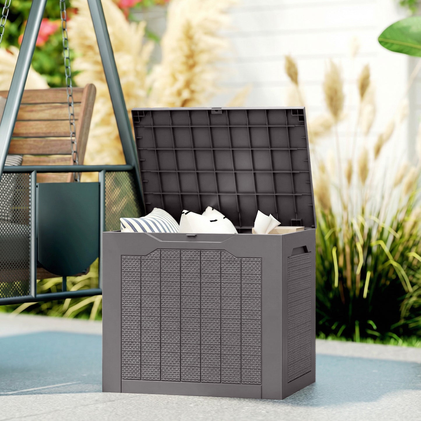 Outsunny 97L Plastic Garden Storage Box, Outdoor Storage Box with Handles, Waterproof Outdoor Storage Container, Brown