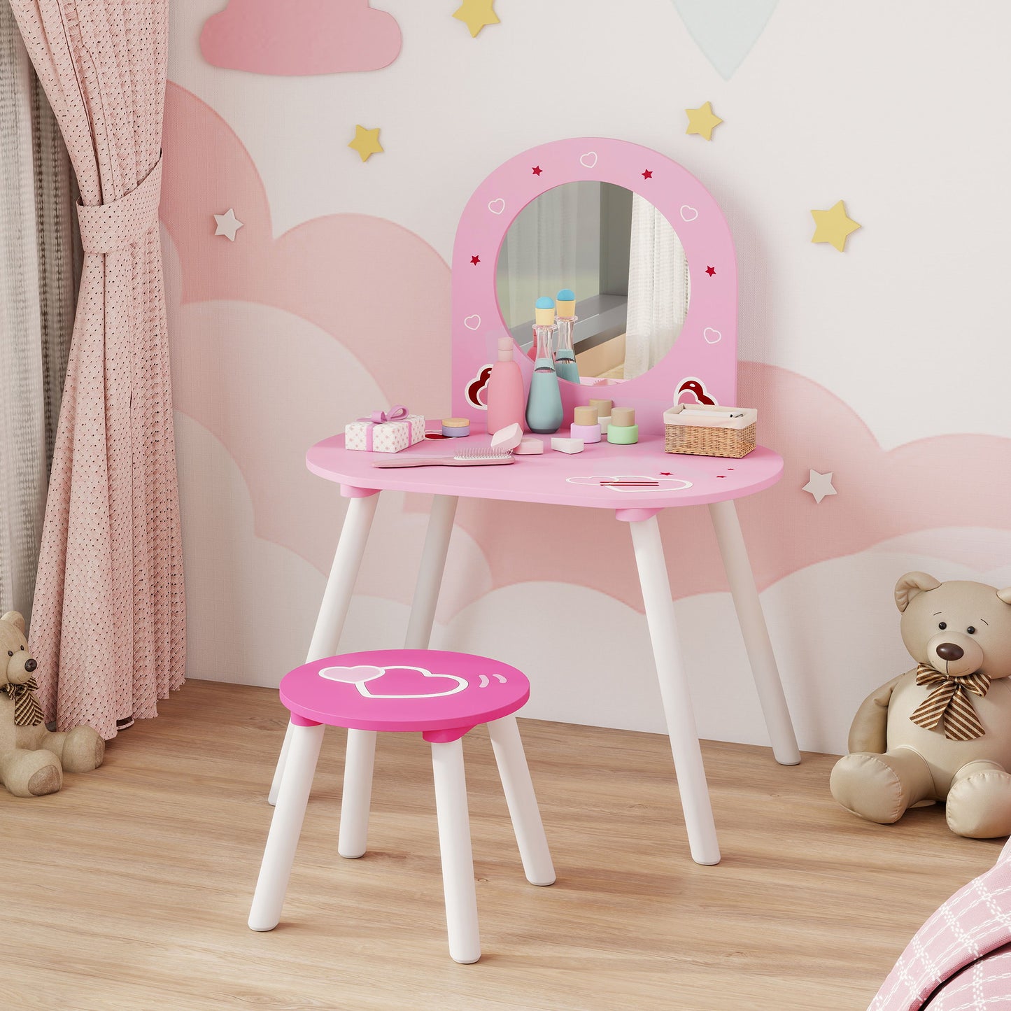 AIYAPLAY Kids Dressing Table with Mirror and Stool, Girls Vanity Set for Kids Room, Bedroom, Nursery, for Ages 3â€“6 Years, Pink