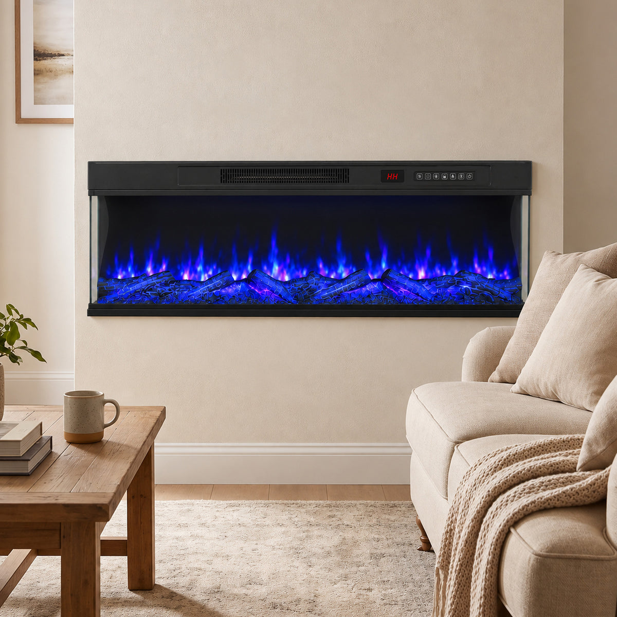 HOMCOM 50" Electric Fireplace Insert, 3-Sided Freestanding/Wall Recessed Electric Fire Heater with Adjustable Flame, 1800W