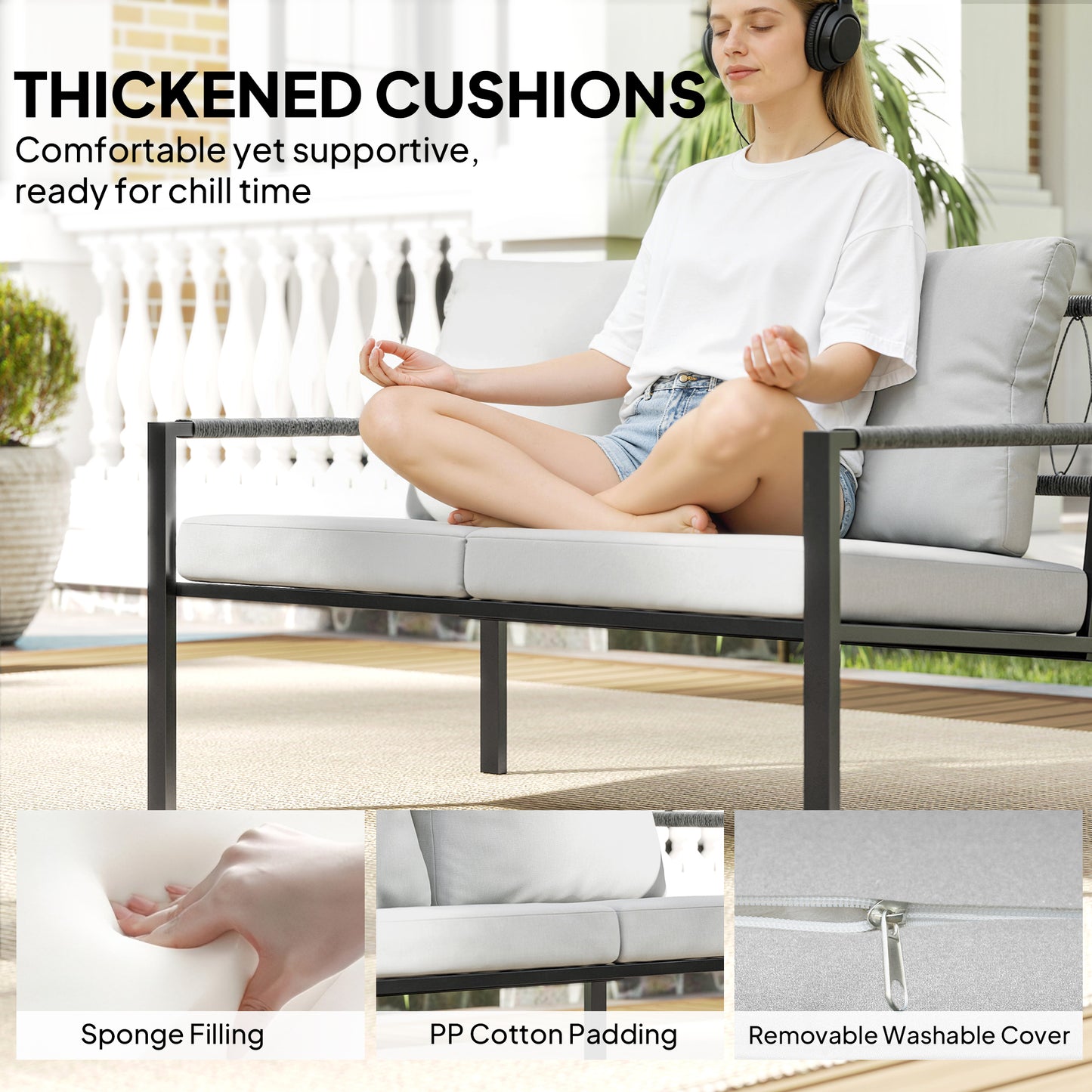 Outsunny 5 Piece Metal Garden Furniture Sofa Set with Thickened Cushions, Loveseat, 2 Armchairs, 2 Coffee Tables, Light Grey