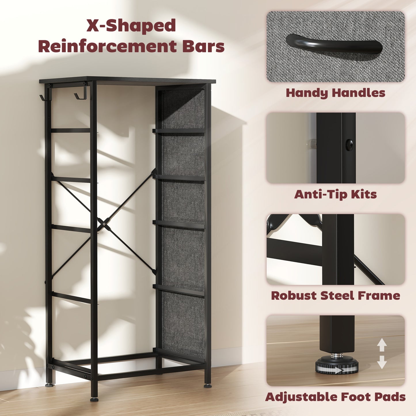 HOMCOM Chest of Five Fabric Drawers - Charcoal Grey