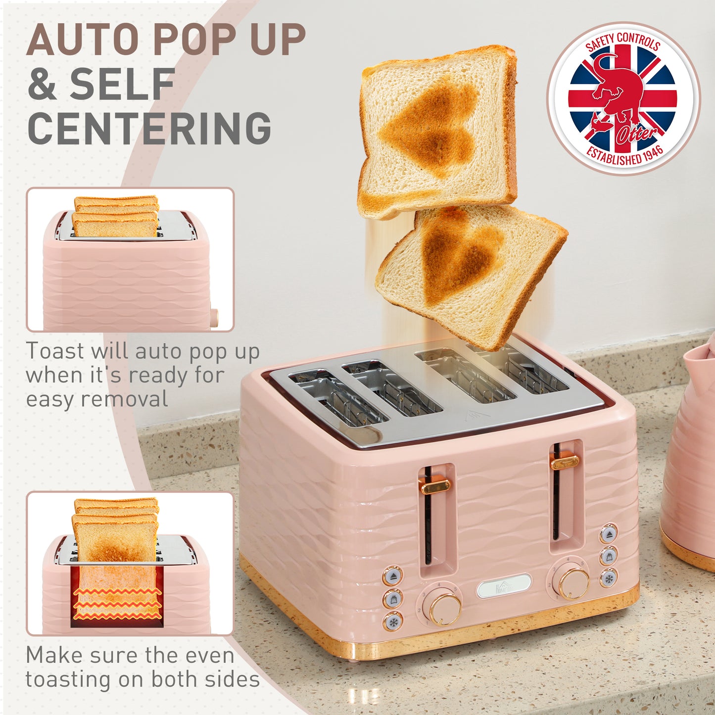 HOMCOM 3000W 1.7L Kettle & 4 Slice Toaster, Kettle and Toaster Set with 7 Browning Controls and Crumb Tray, Light Pink