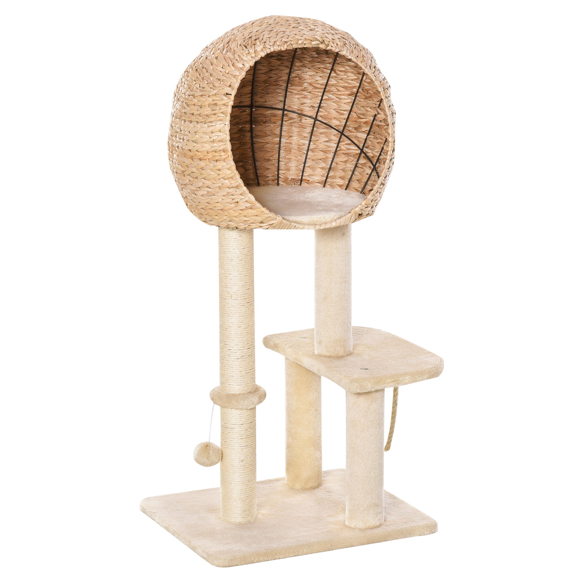 PawHut Cat Tree for Indoor Cats 100cm Kitten Climbing Tower Activity Center with Sisal Scratching Post Condo Perch Hanging Balls Teasing Rope Toy Cushion