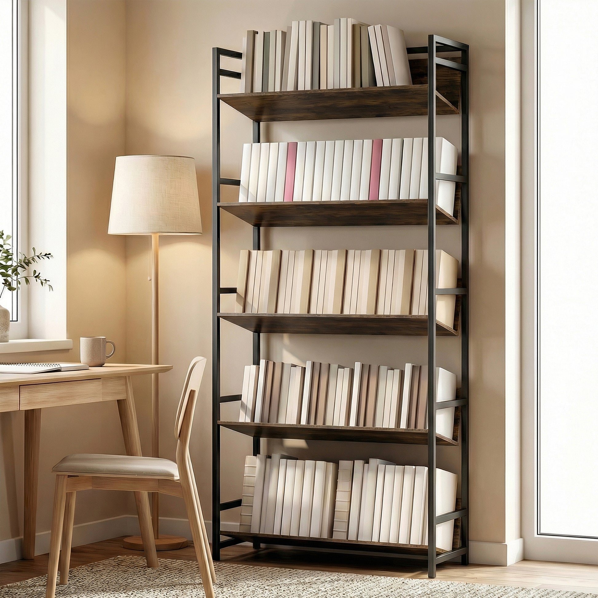 HOMCOM Bookshelf 5-Tier Metal Frame Room Divider Bookcase Storage Shelves for Living Room Rustic Brown