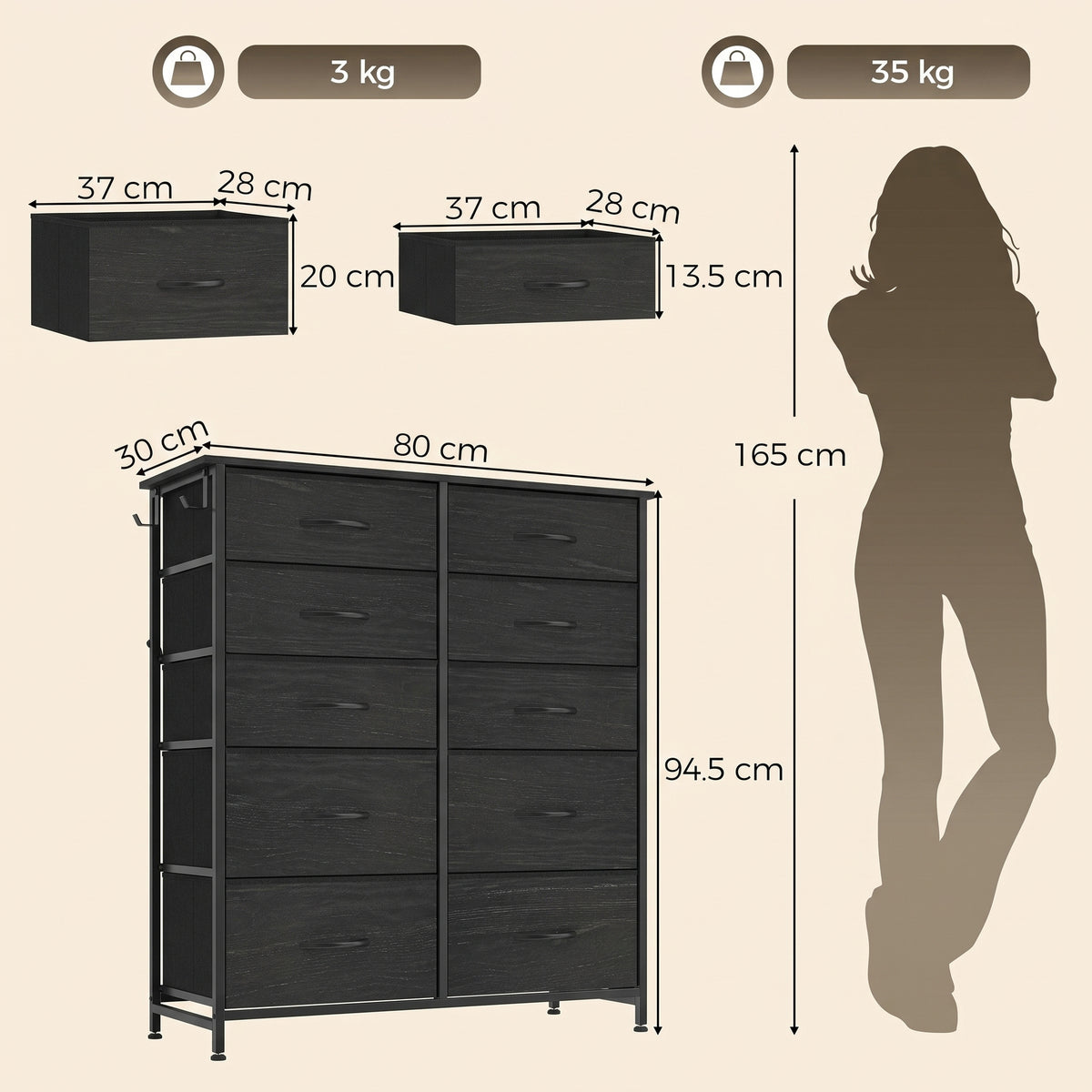 HOMCOM Chest of Drawers, Dresser with 10 Fabric Drawers, Tall Storage Unit with 4 Pockets and 2 Hooks Steel Frame, Black