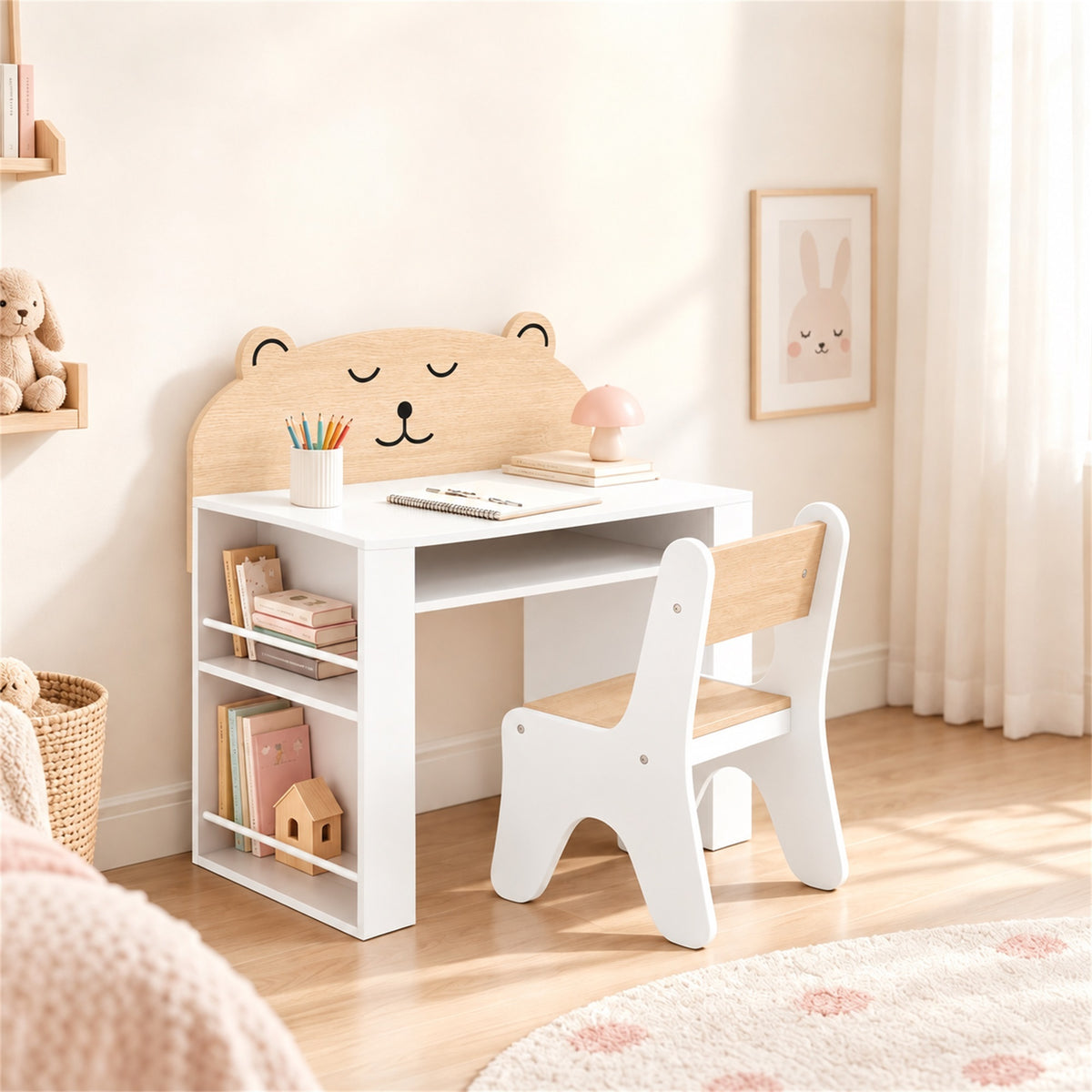 AIYAPLAY Kids Table and Chair Set with Side Bookshelves, Open Storage, Non-Slip Pads for 3-8 Y, Bedroom, Study Room, Bear-Themed