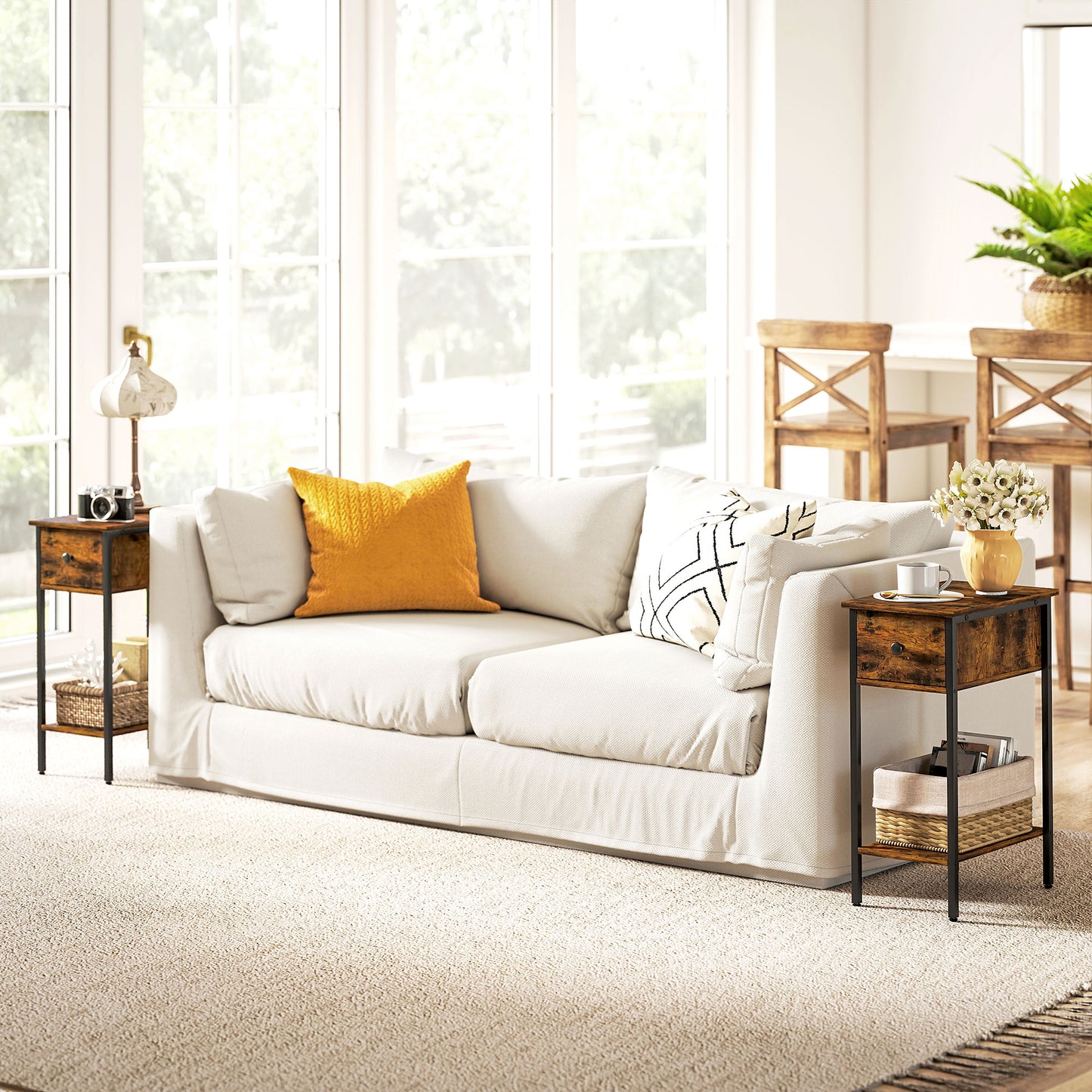 HOMCOM Narrow Side Table with Drawer and Storage Shelf - Rustic Brown