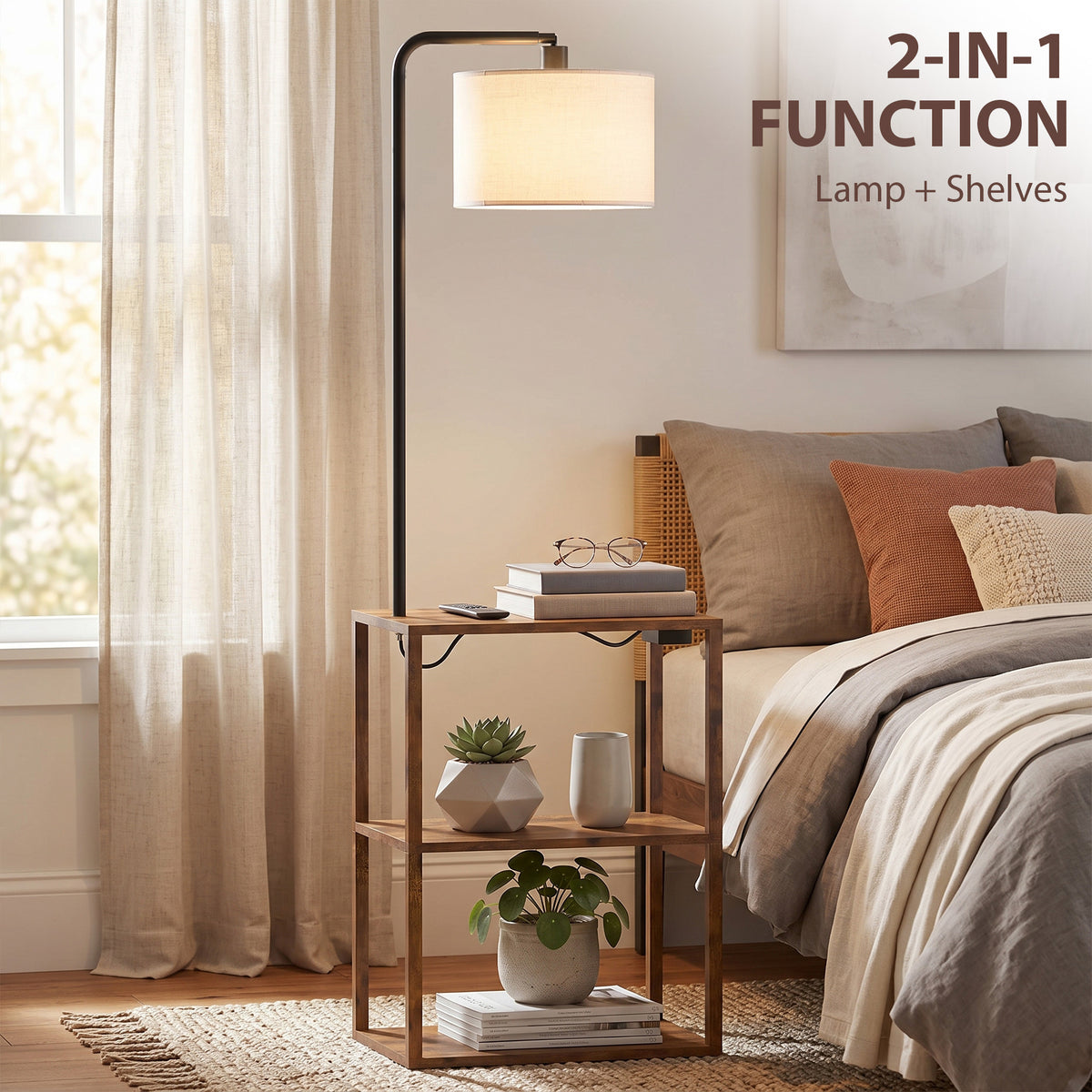 HOMCOM Dimmable Floor Lamp with Shelves, Charging Station, 3-Tier Storage Table, Adjustable Fabric Lampshade, Rustic Brown