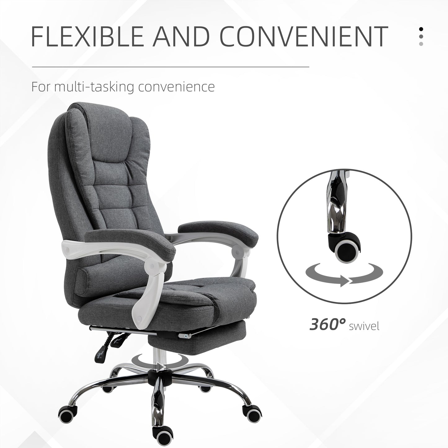 Vinsetto Office Chair, Computer Desk Chair, Linen Fabric Swivel Rolling Task Chair with Large Soft Padded Cushion, 135Â° Reclining Backrest and Retractable Footrest, Grey