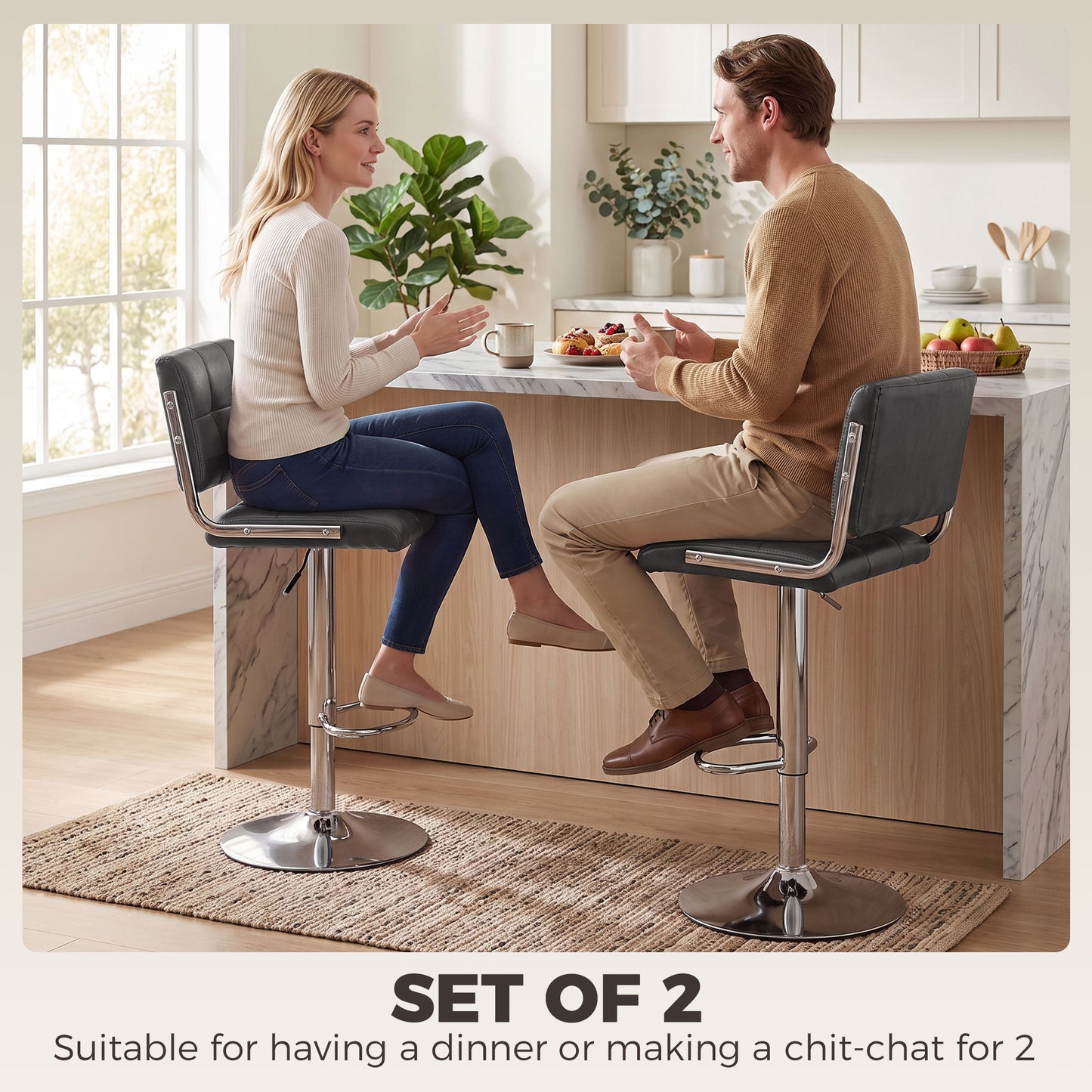 HOMCOM Bar Stools Modern PU Leather Adjustable Breakfast Bar Stools Backrest Set of 2 Grey