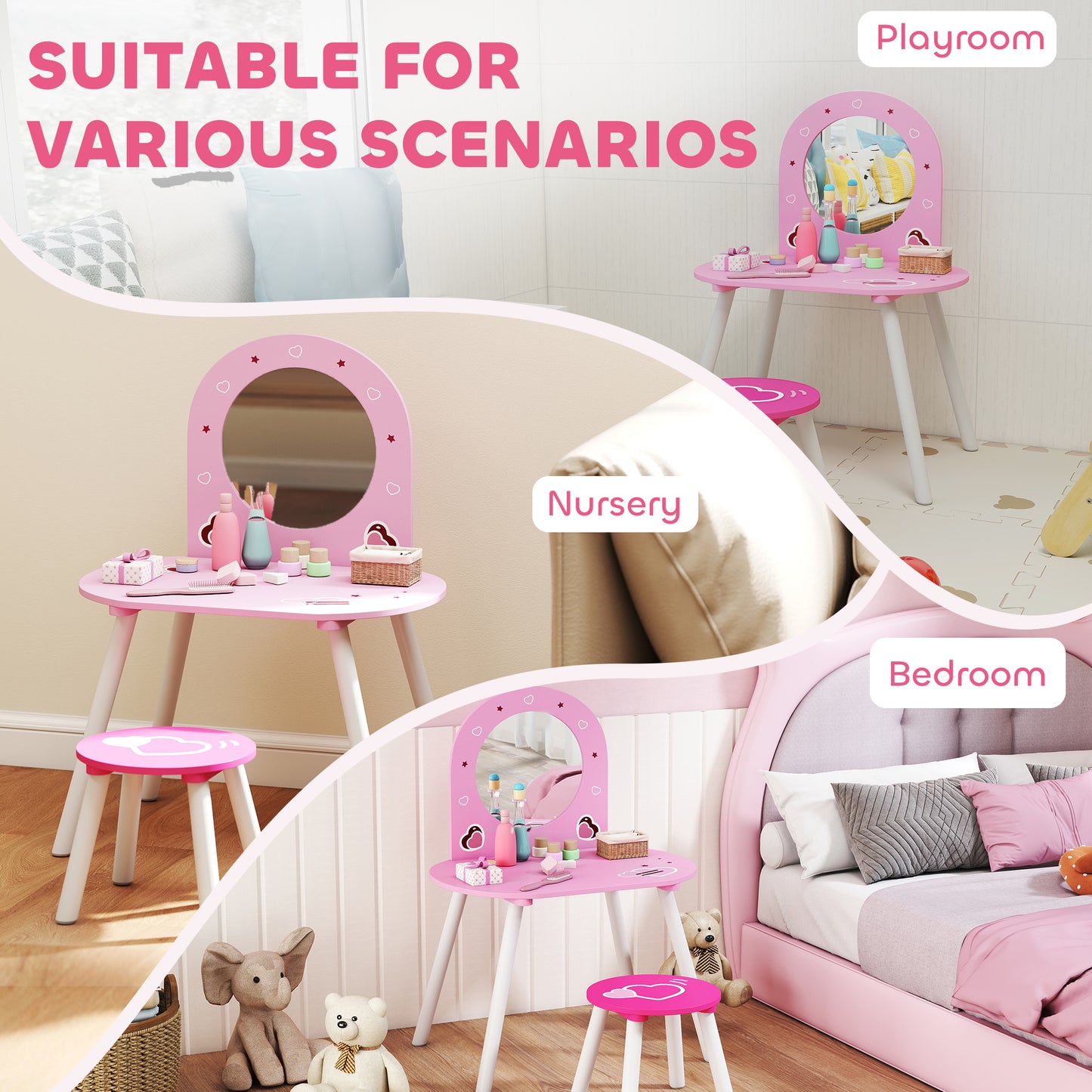AIYAPLAY Kids Dressing Table with Mirror and Stool, Girls Vanity Set for Kids Room, Bedroom, Nursery, for Ages 3â€“6 Years, Pink