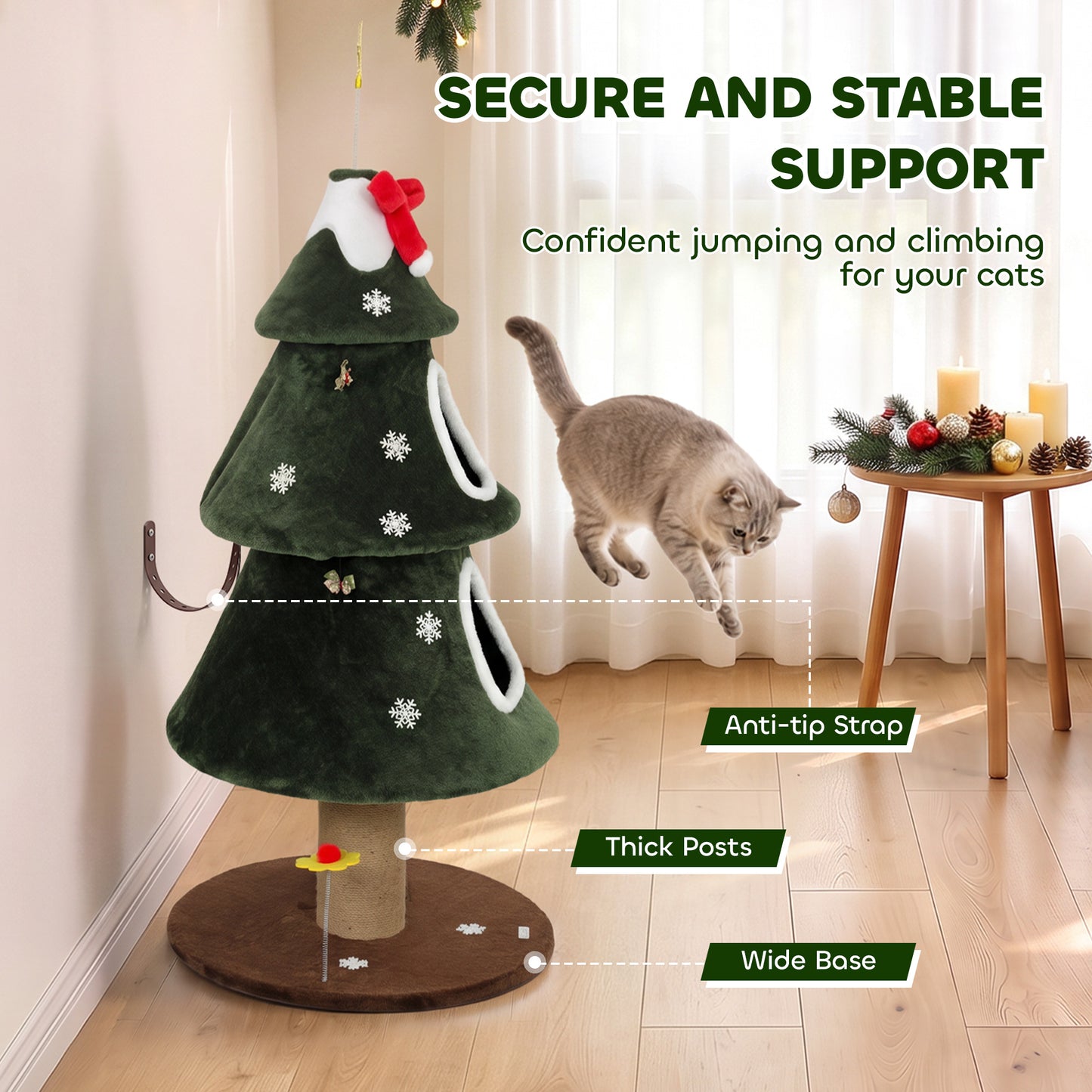 PawHut Cat Tree, Christmas Cat Tower with Dual Condos, Sisal Ladder, Jute Posts, Anti-Tip Rope, Hanging Balls, 60 x 60 x 132 cm