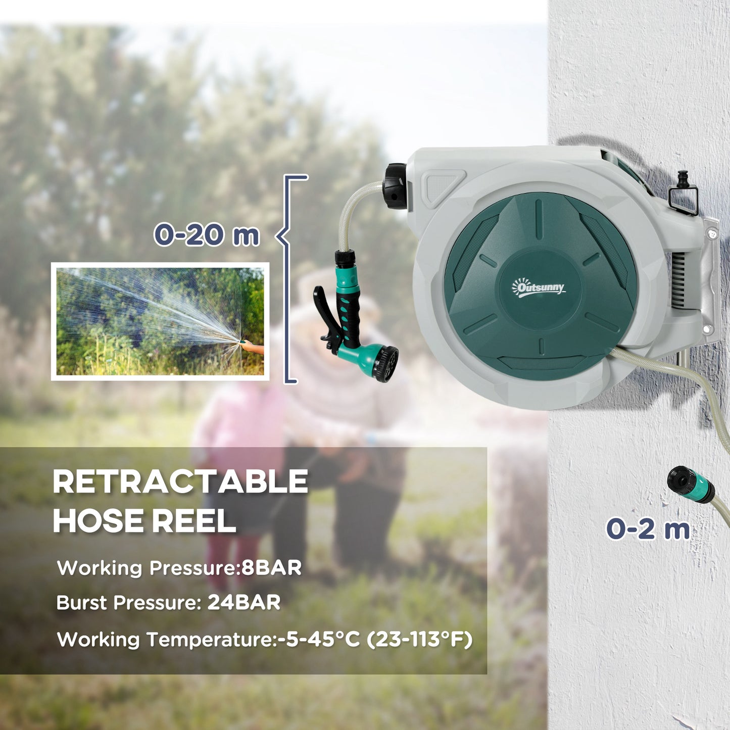 Outsunny Retractable Hose Reel Wall Mounted, 20+2m Garden Hose Pipe Reel with Lock, Auto Rewind, 7 in 1 Spray Nozzle, Includes Wall Fixings, 180Â° Swivel, Outdoor Watering, Light Grey