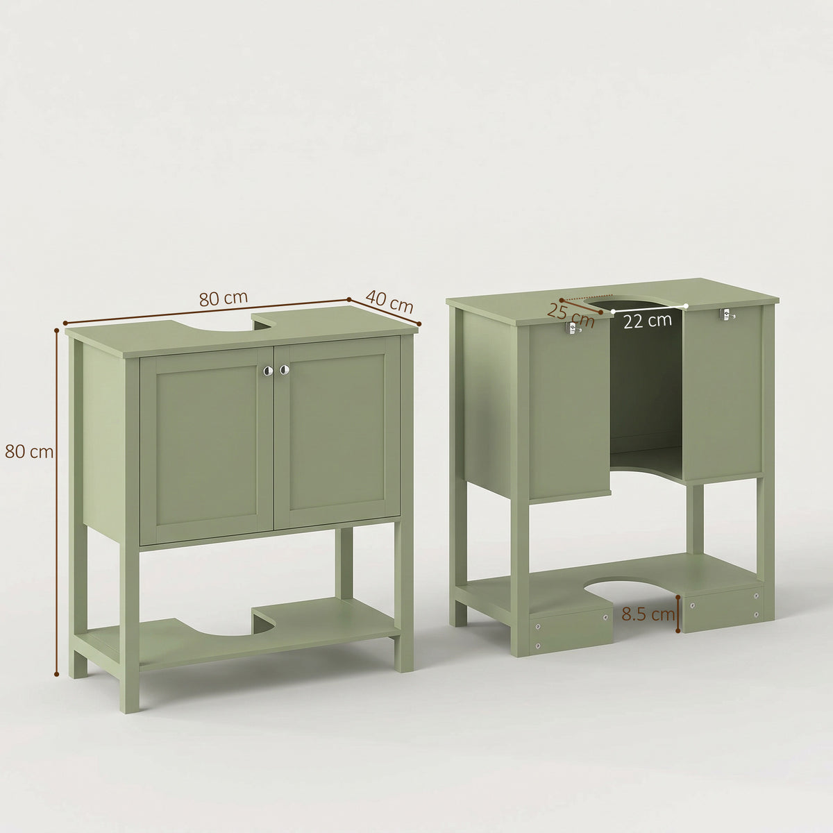 HOMCOM Under Sink Bathroom Cabinet with 2 Doors, Open Shelf and U-Shape Cut-Out for Basin with or without Pedestal, Green
