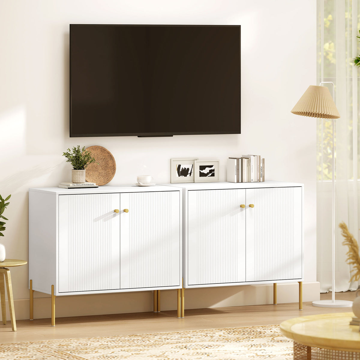 HOMCOM Modern Sideboard Cabinet with Fluted Doors, Kitchen Storage Cabinet with Adjustable Shelf and Steel Legs, White