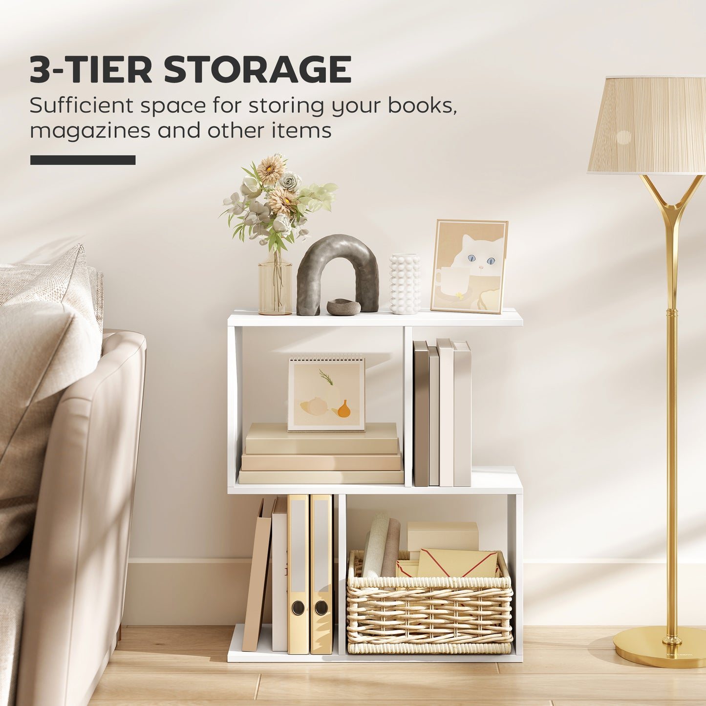 HOMCOM Side Table, Narrow End Table with Storage Shelves, S-Shaped, 3-Tier, 50W x 19.5D x 58H cm, White