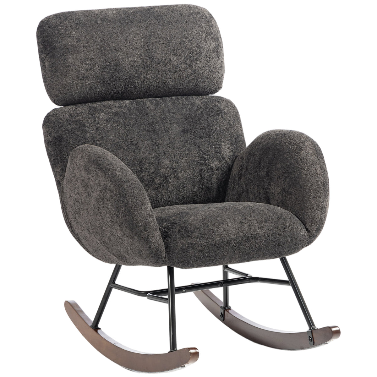 HOMCOM Upholstered Rocking Chair Adjustable Headrest Rocker Chair Raindrop Velvet Rubberwood Base Dark Grey Default Title