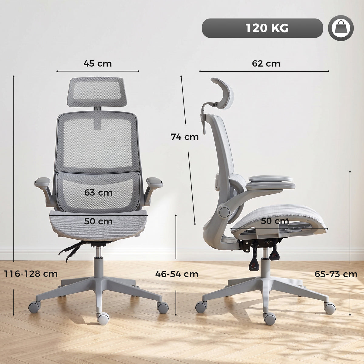 HOMCOM Ergonomic Office Chair with Adaptive Lumbar Support, Reclining Mesh Desk Chair with 2D Headrest, Flip-Up Arms, Grey