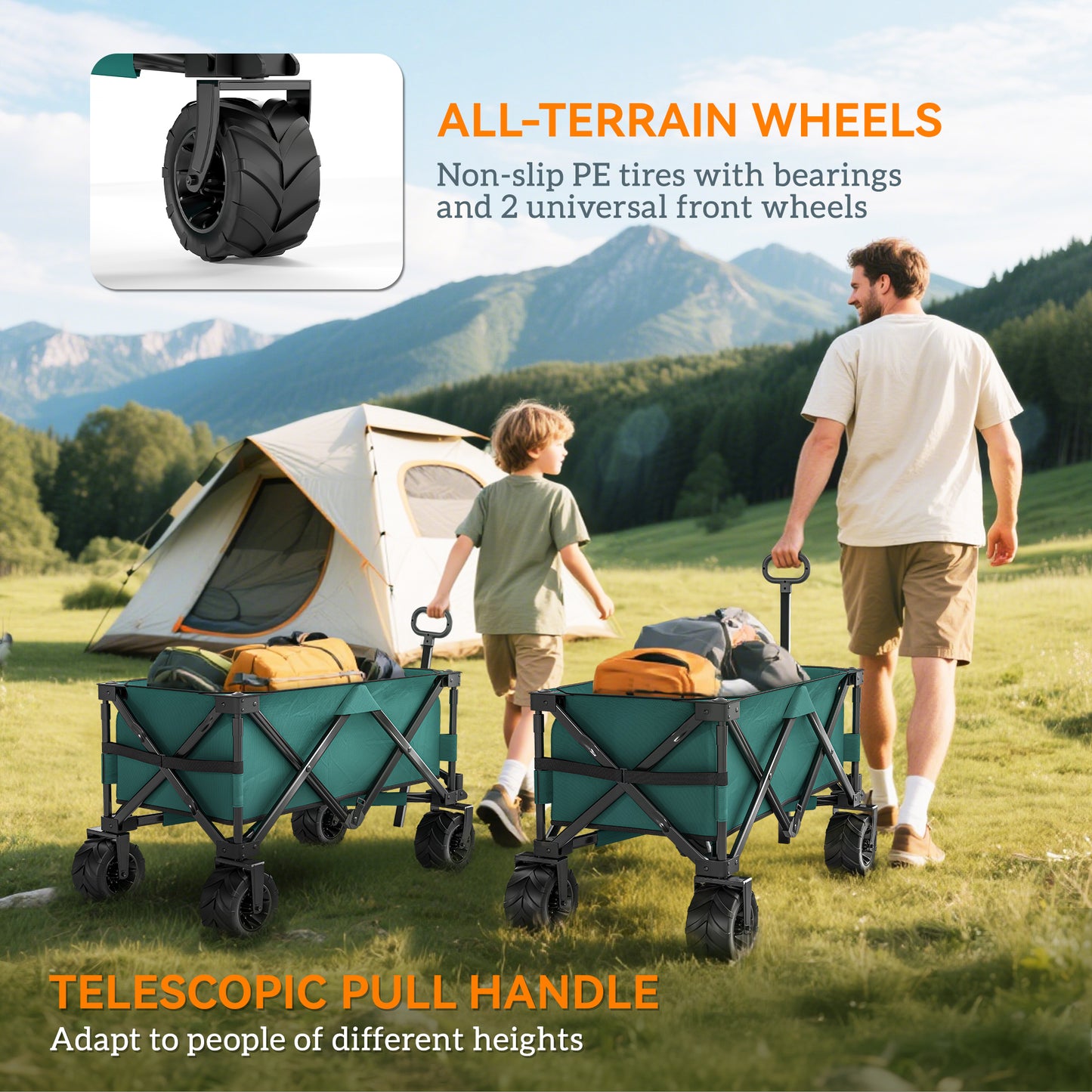Outsunny 140L Festival Trolley on Wheels, Folding Camping Trolley Cart with Telescopic Handle, Big Wheels for Outdoor Garden Beach Fishing, Green