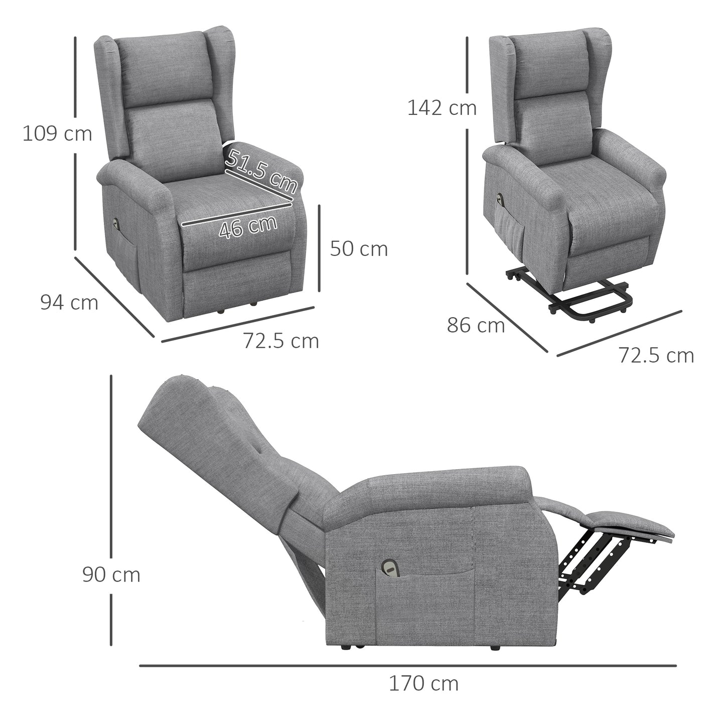 HOMCOM Power Lift Recliner Armchair, Electric Lift Chair for Elderly, Fabric Riser and Reclining Chair with Wingback, Remote Control, Side Pockets, Footrest, for Living Room, Grey