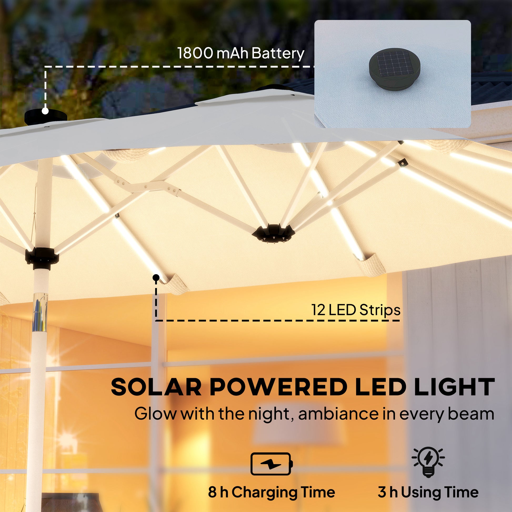 Outsunny 3 m Double-Sided Garden Parasol with LED Solar Lights, Outdoor Extra Large Sun Umbrella with Crank Handle, Cream White