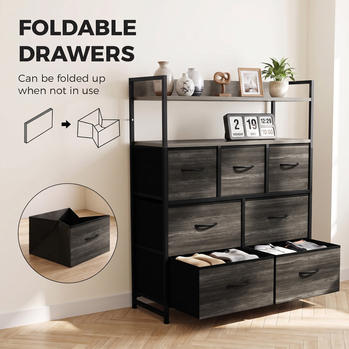 HOMCOM Chest of Drawers, Bedroom Fabric Dresser with 7 Drawers, Storage Organiser Unit with Open Shelves, Grey Wood-Effect