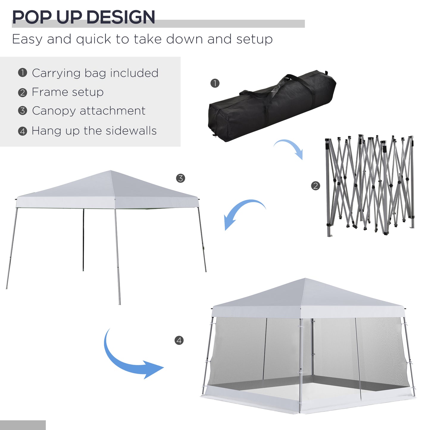 Outsunny Outdoor Garden Pop-up Gazebo Canopy Tent Sun Shade Event Shelter Folding with Adjustable Height, Mesh Screen Side Walls 3.5 M Ã— 3.5 M Base / 3 M Ã— 3 M Top, White