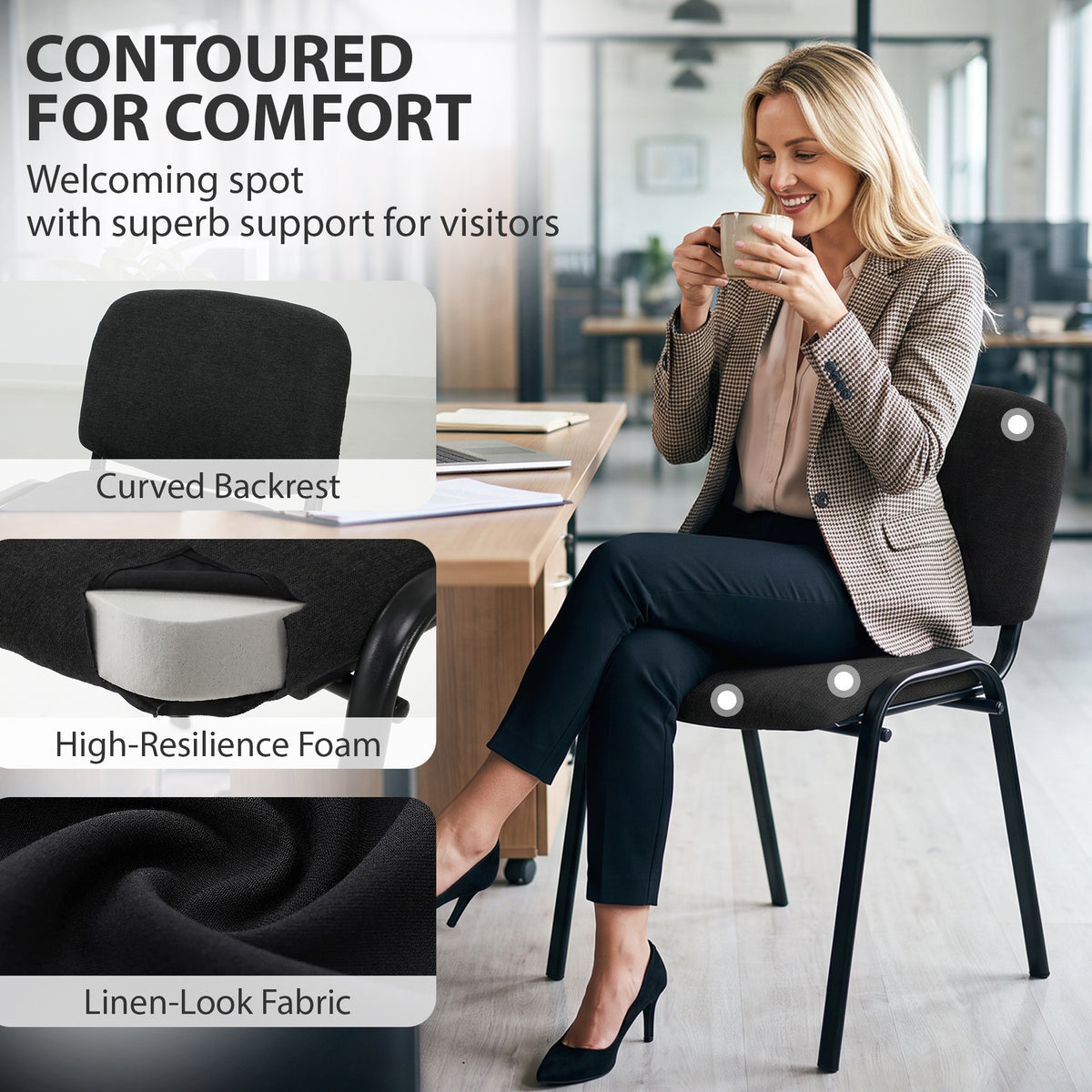 HOMCOM Linen-Look Fabric Reception Chairs, Stackable Meeting Chairs Set of 4 with Backrest, Padded Seat for Office, Black