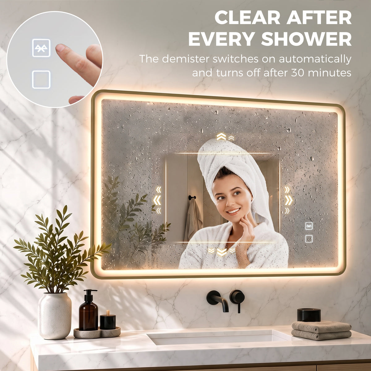 HOMCOM Bathroom Mirror with LED Lights, 100x70cm Rectangle Bathroom Mirror, Dimmable, Bluetooth, Anti-Fog, Gold Tone