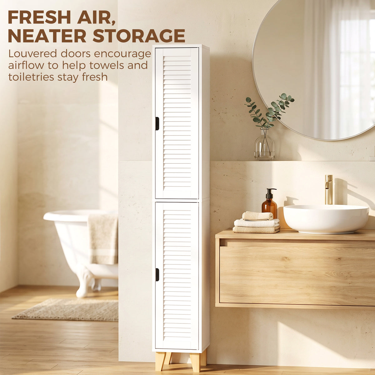HOMCOM 170cm Tall Bathroom Storage Cabinet, Freestanding Bathroom Cabinet with Louvered Doors, Adjustable Shelf, White