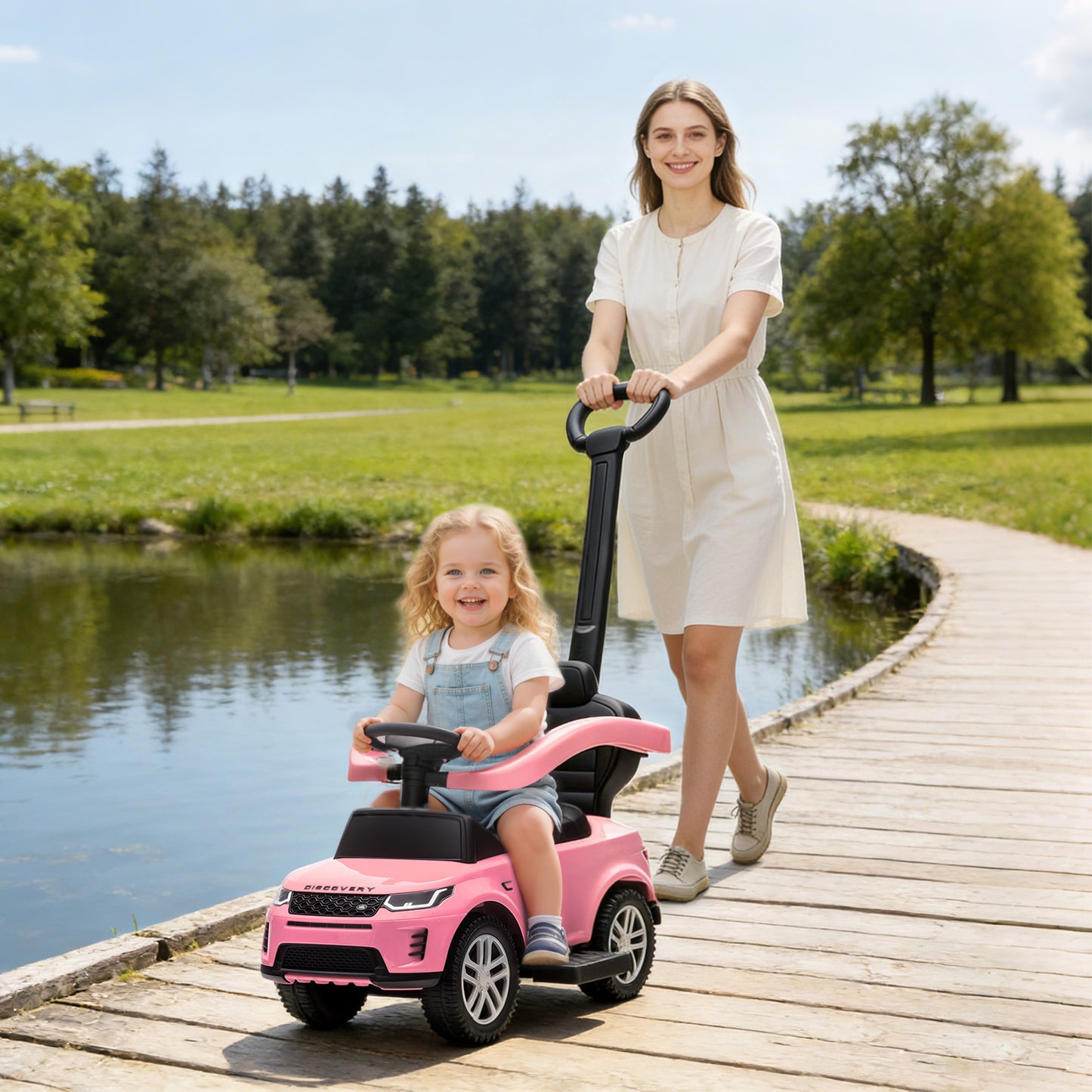 AIYAPLAY Land Rover Discovery Licensed Baby Push Car, 2-in-1 Ride on Car with Push Handle and Safety Guardrail, Pink