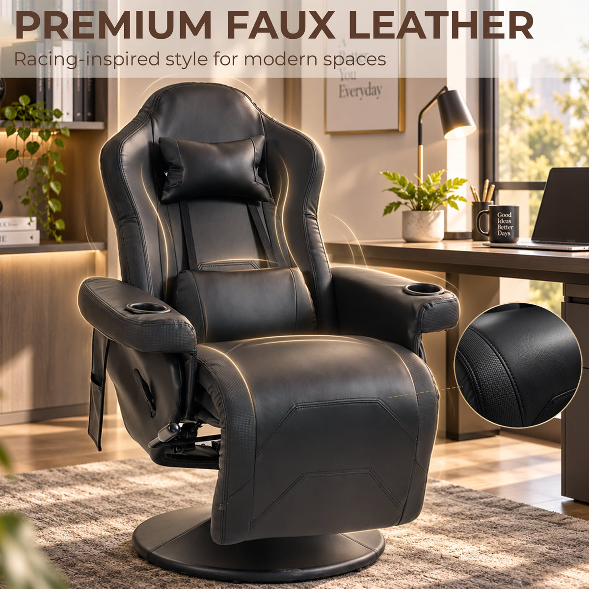 HOMCOM Manual Recliner Armchair PU Leather Lounge Chair w/ Adjustable Leg Rest, 135Â° Reclining Function, 360Â° Swivel, Black