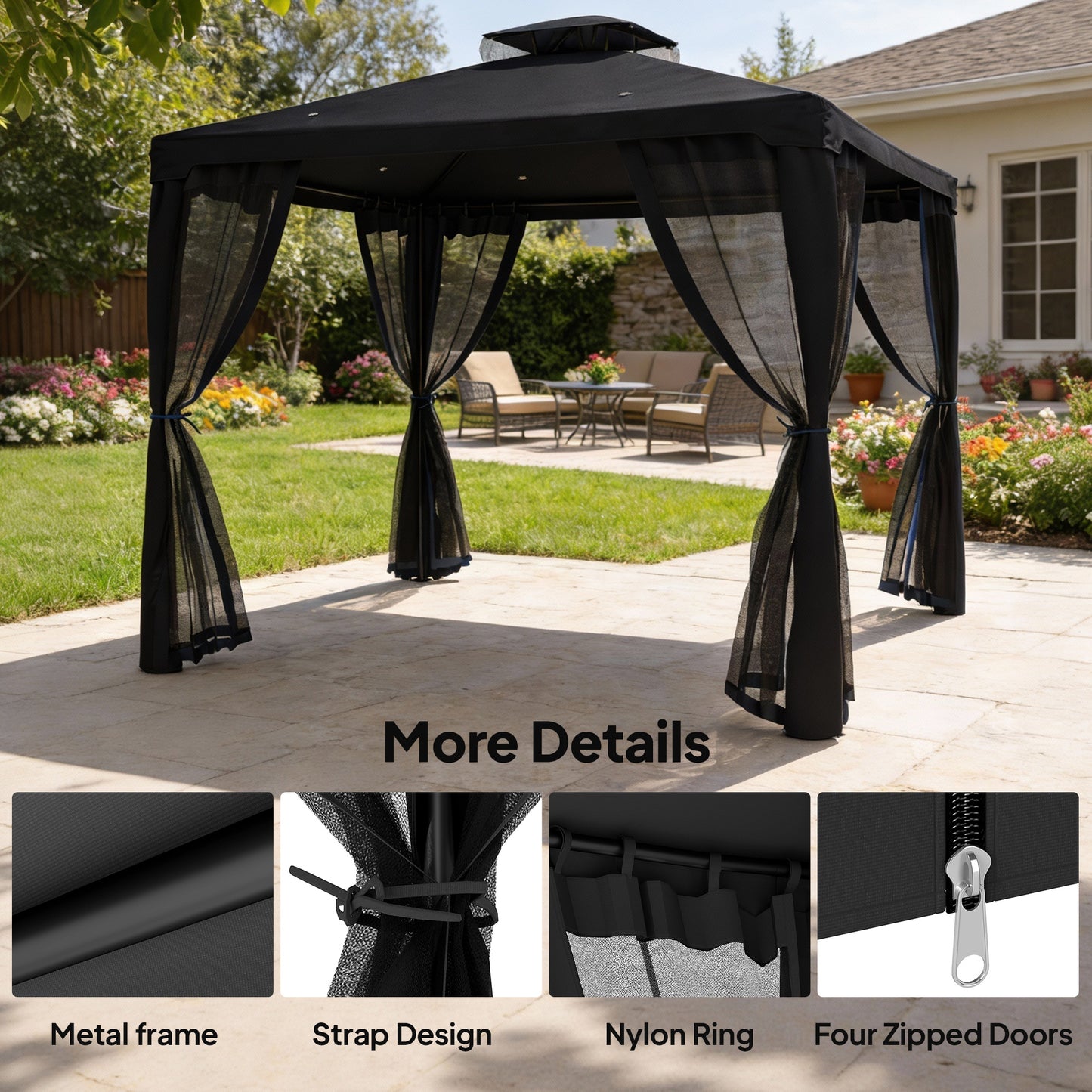 Outsunny 3 x 3 m Metal Gazebo, Garden Pavillion, DoubleÂ Roof Outdoor Canopy Shelter with Mesh Sidewalls, Black